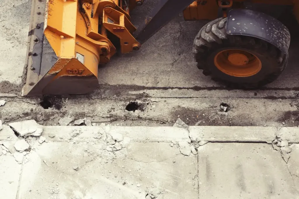 Gelber Bagger bei der Baureinigung Frankfurt am Main